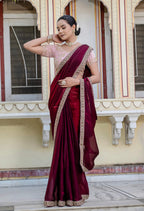 Monjolika Fashion Divine Maroon Satin Velvet Saree With Bewitching Blouse Piece