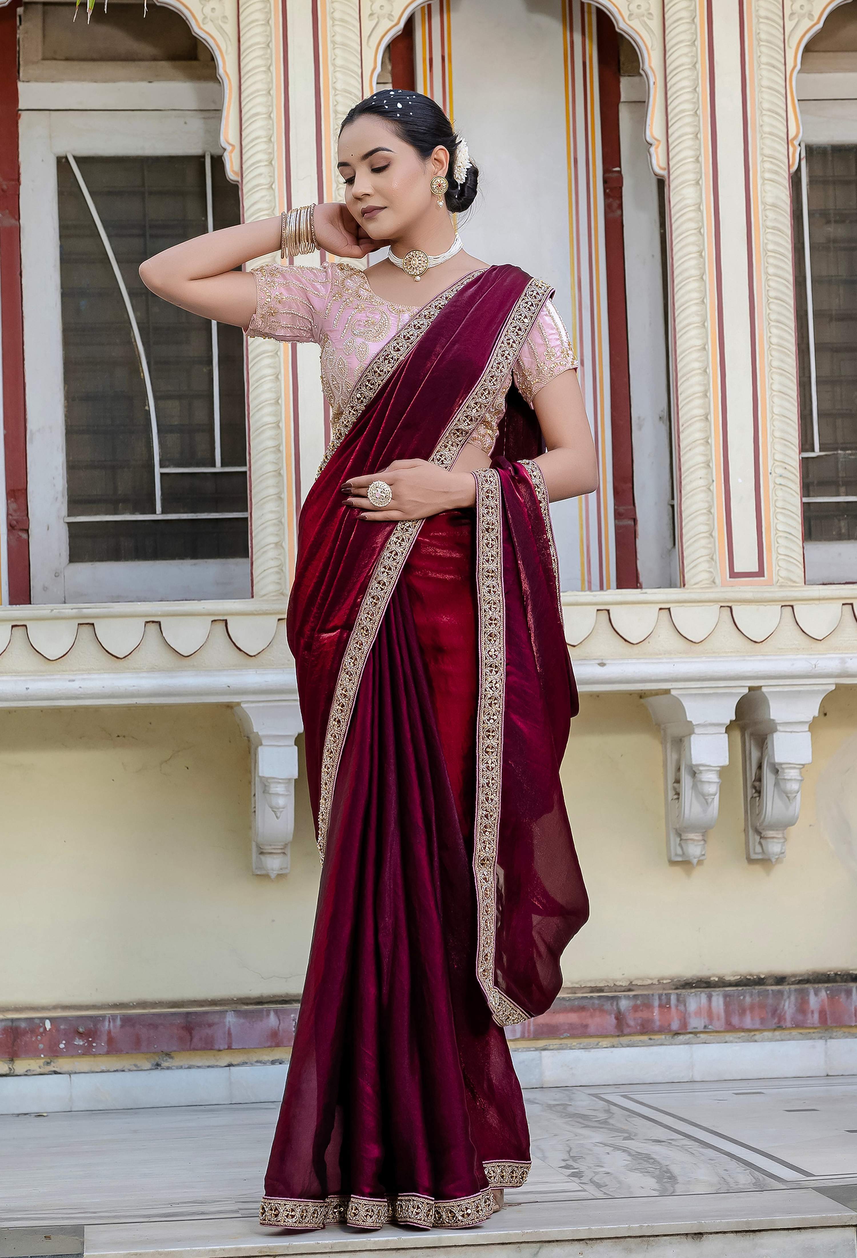 Monjolika Fashion Divine Maroon Satin Velvet Saree With Bewitching Blouse Piece