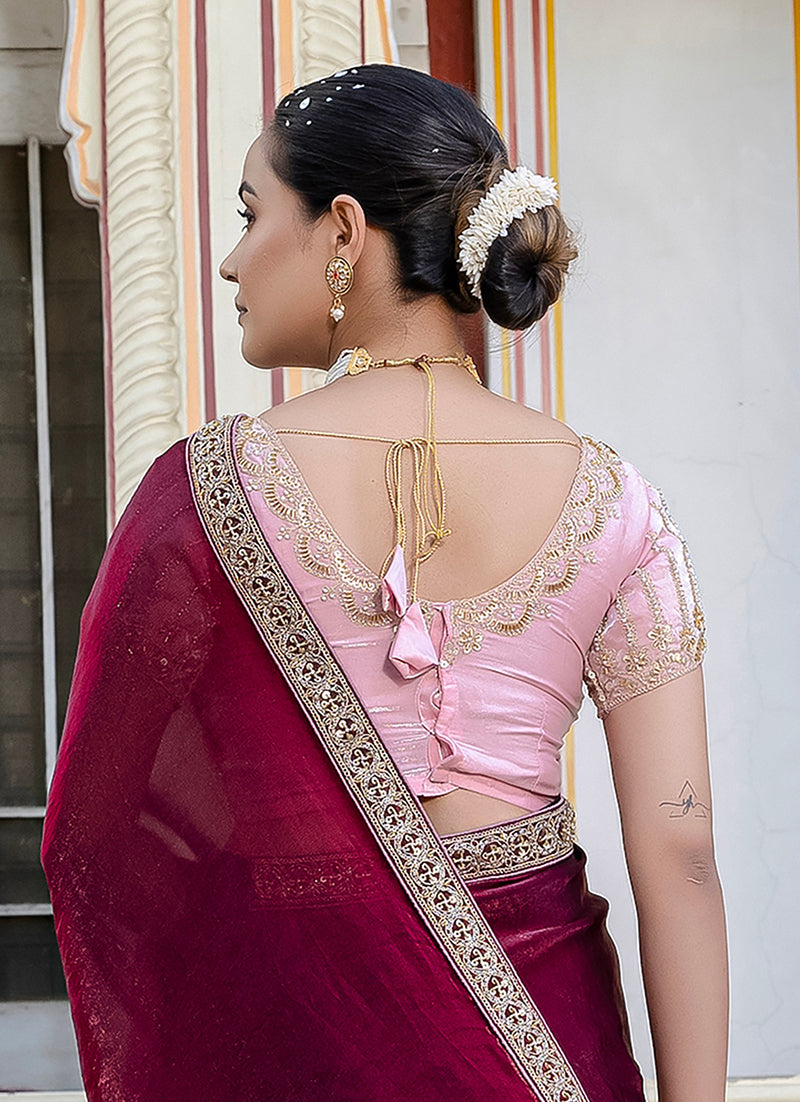 Monjolika Fashion Divine Maroon Satin Velvet Saree With Bewitching Blouse Piece