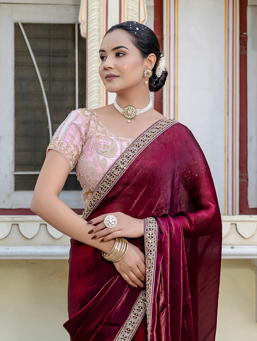 Monjolika Fashion Divine Maroon Satin Velvet Saree With Bewitching Blouse Piece