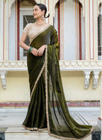 Monjolika Fashion Divine Mehendi Green Satin Velvet Saree With Bewitching Blouse Piece