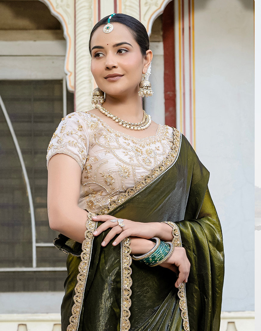 Monjolika Fashion Divine Mehendi Green Satin Velvet Saree With Bewitching Blouse Piece