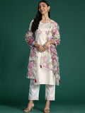 Indo Era Women Floral Yoke Design Regular Thread Work Pure Cotton Kurta with Trousers & With Dupatta - Distacart