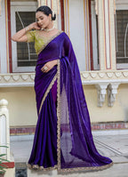 Monjolika Fashion Divine Blue Satin Velvet Saree With Bewitching Blouse Piece