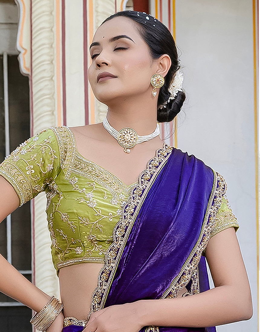 Monjolika Fashion Divine Blue Satin Velvet Saree With Bewitching Blouse Piece