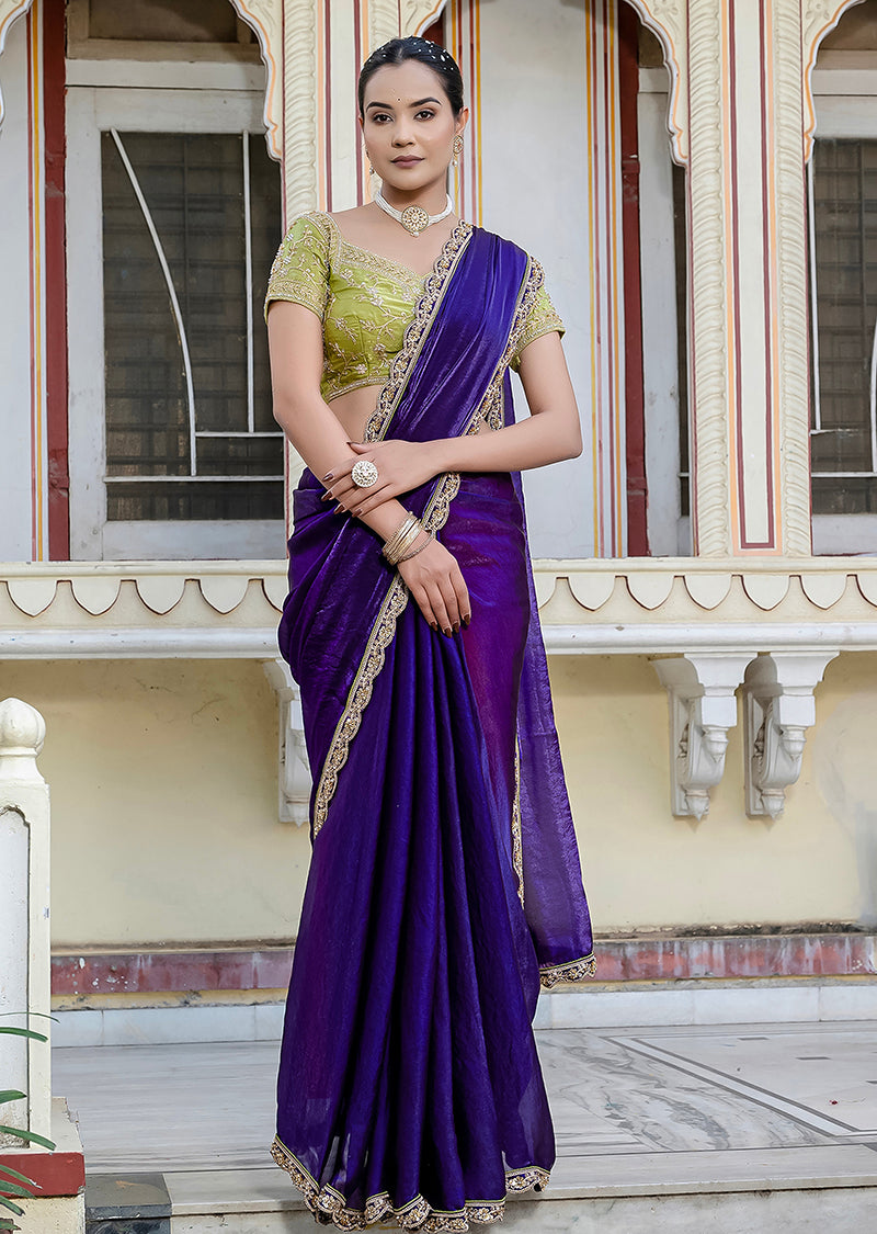 Monjolika Fashion Divine Blue Satin Velvet Saree With Bewitching Blouse Piece