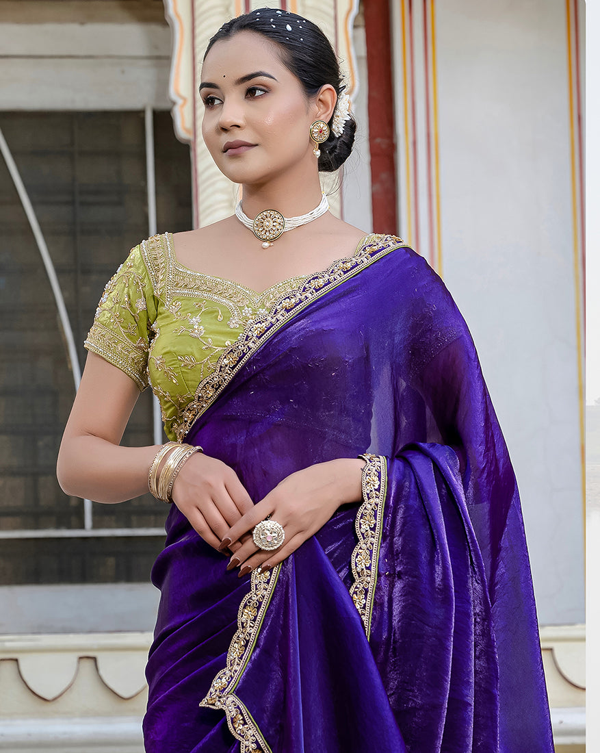 Monjolika Fashion Divine Blue Satin Velvet Saree With Bewitching Blouse Piece