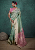 Monjolika Fashion A Glam Light Blue Linen Blend Woven Sequin Work Saree