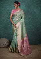 Monjolika Fashion A Glam Light Blue Linen Blend Woven Sequin Work Saree