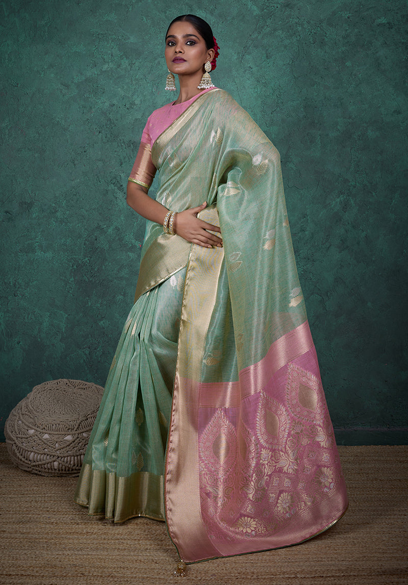 Monjolika Fashion A Glam Light Blue Linen Blend Woven Sequin Work Saree
