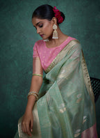 Monjolika Fashion A Glam Light Blue Linen Blend Woven Sequin Work Saree
