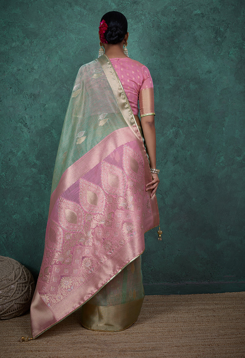 Monjolika Fashion A Glam Light Blue Linen Blend Woven Sequin Work Saree