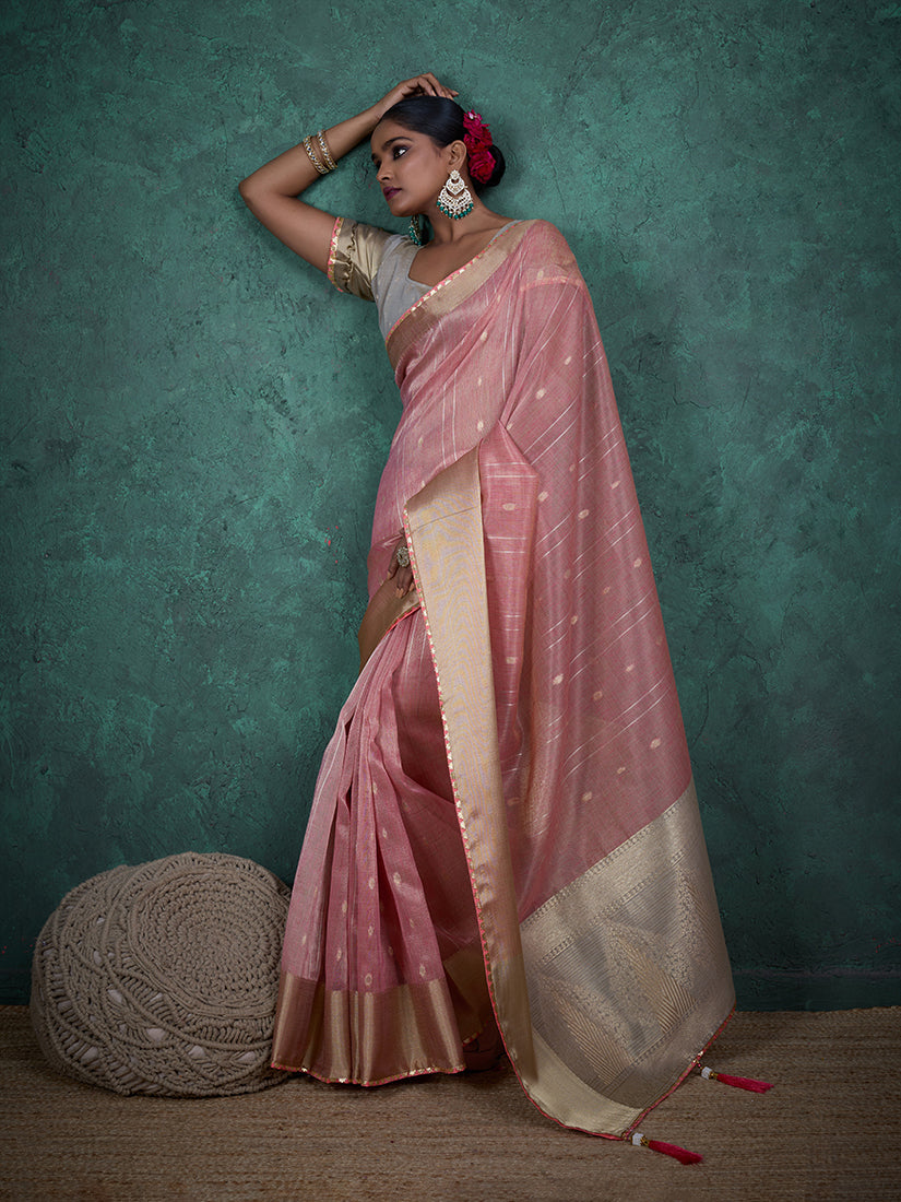 Monjolika Fashion A Glam Light Pink Linen Blend Woven Sequin Work Saree