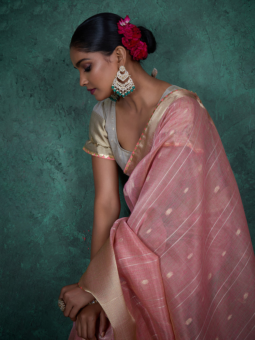 Monjolika Fashion A Glam Light Pink Linen Blend Woven Sequin Work Saree