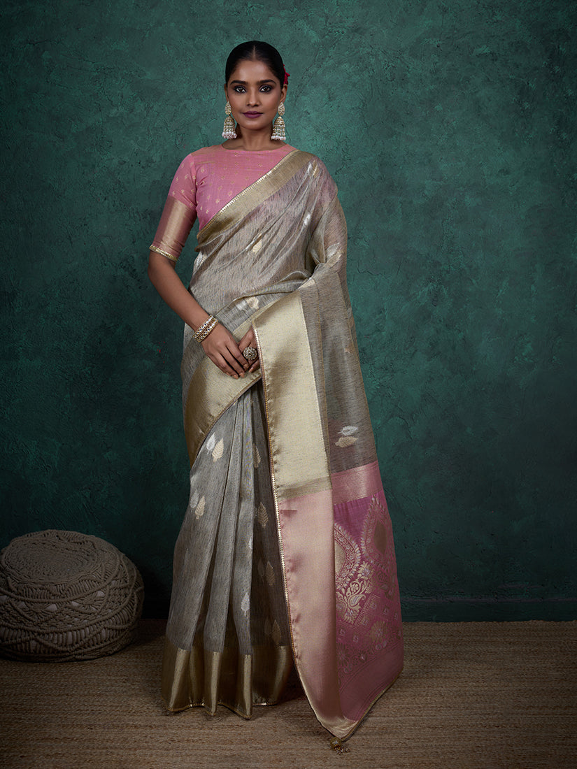 Monjolika Fashion A Glam Light Grey Linen Blend Woven Sequin Work Saree
