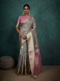 Monjolika Fashion A Glam Light Grey Linen Blend Woven Sequin Work Saree