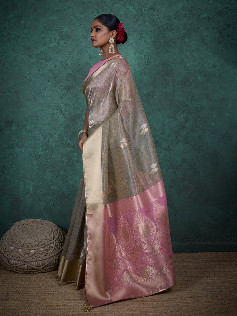 Monjolika Fashion A Glam Light Grey Linen Blend Woven Sequin Work Saree