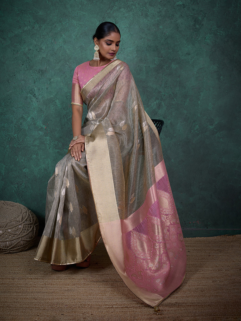 Monjolika Fashion A Glam Light Grey Linen Blend Woven Sequin Work Saree