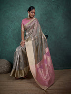 Monjolika Fashion A Glam Light Grey Linen Blend Woven Sequin Work Saree