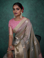 Monjolika Fashion A Glam Light Grey Linen Blend Woven Sequin Work Saree