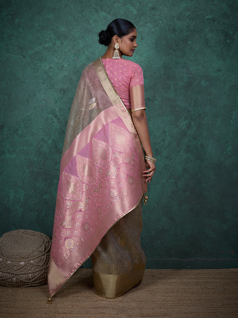 Monjolika Fashion A Glam Light Grey Linen Blend Woven Sequin Work Saree