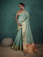 Monjolika Fashion A Glam Sky Blue Linen Blend Woven Sequin Work Saree