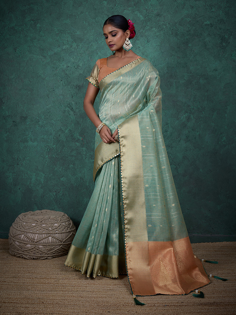 Monjolika Fashion A Glam Sky Blue Linen Blend Woven Sequin Work Saree