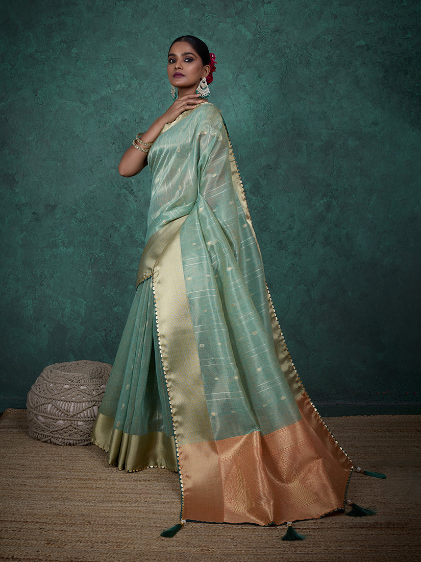 Monjolika Fashion A Glam Sky Blue Linen Blend Woven Sequin Work Saree
