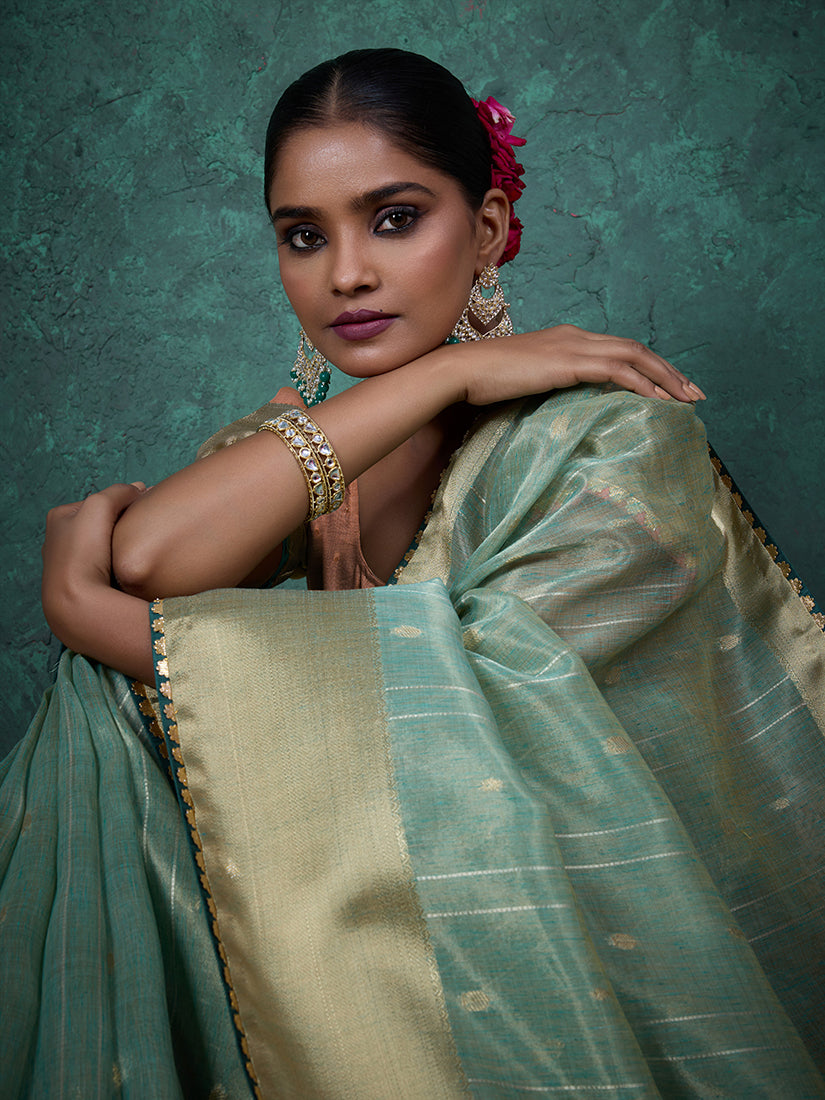 Monjolika Fashion A Glam Sky Blue Linen Blend Woven Sequin Work Saree
