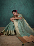 Monjolika Fashion A Glam Sky Blue Linen Blend Woven Sequin Work Saree