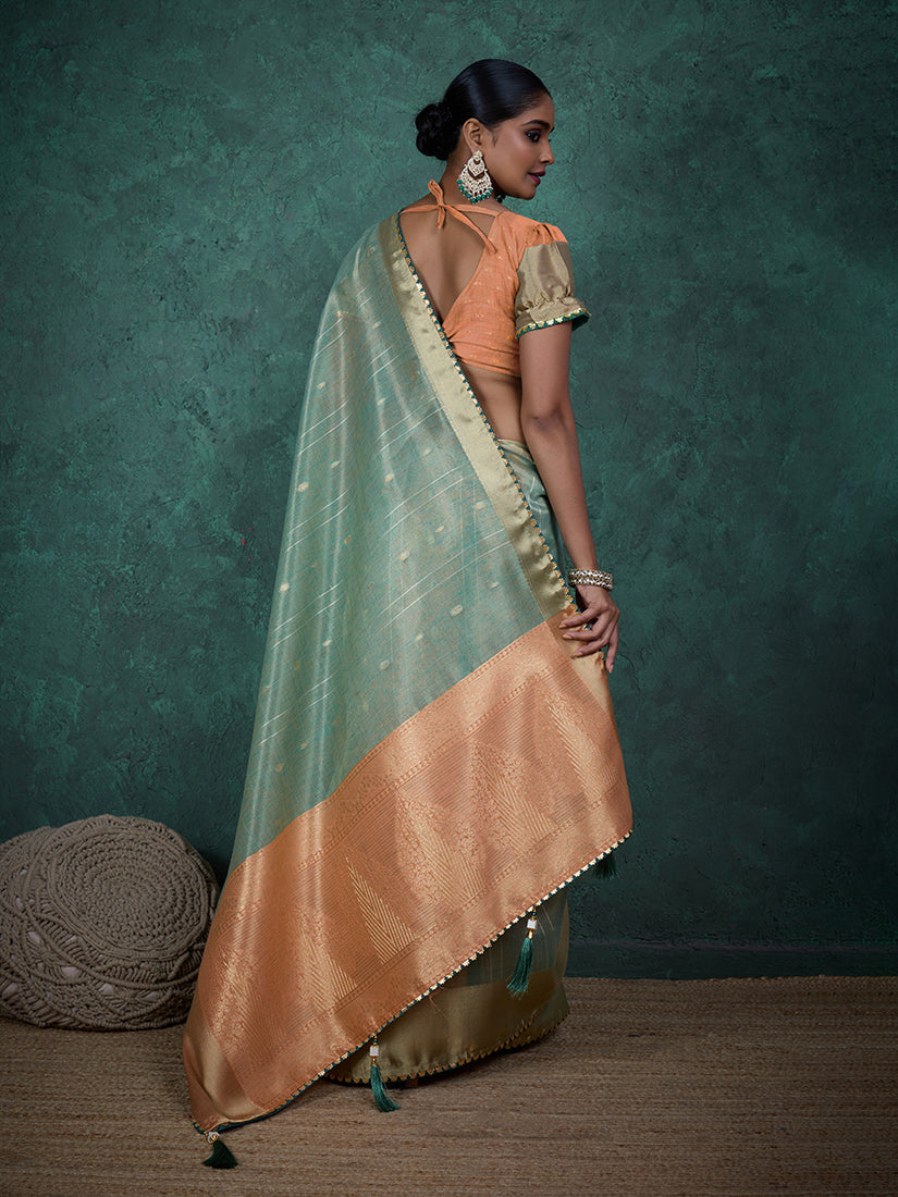 Monjolika Fashion A Glam Sky Blue Linen Blend Woven Sequin Work Saree