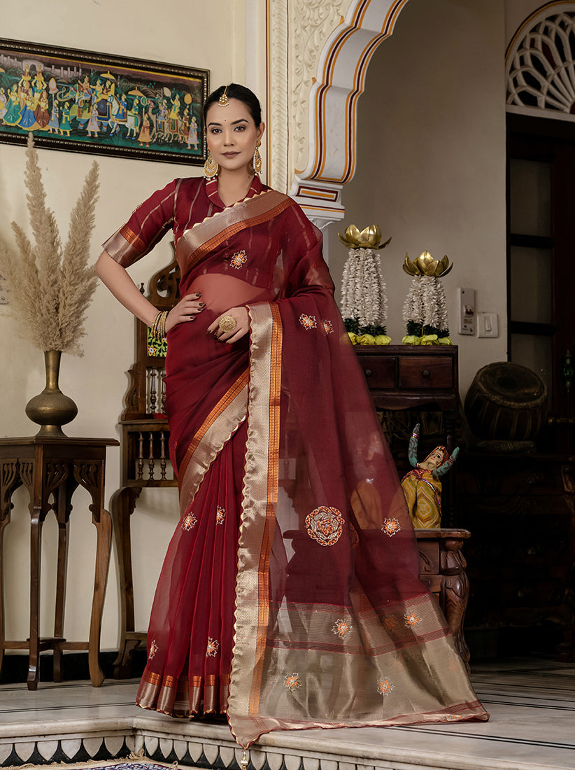 Monjolika Fashion Maroon Color Cutdana Work Kota Linen Stylish Saree
