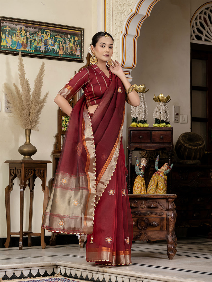 Monjolika Fashion Maroon Color Cutdana Work Kota Linen Stylish Saree