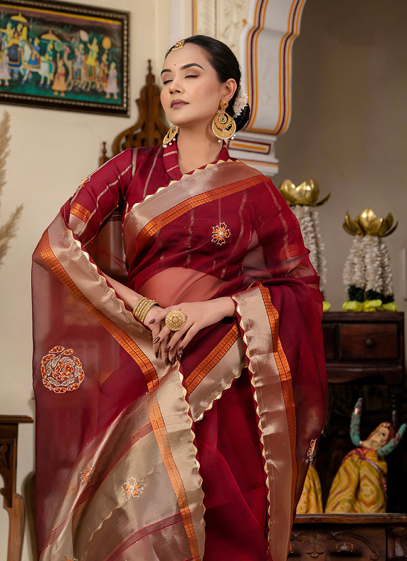 Monjolika Fashion Maroon Color Cutdana Work Kota Linen Stylish Saree