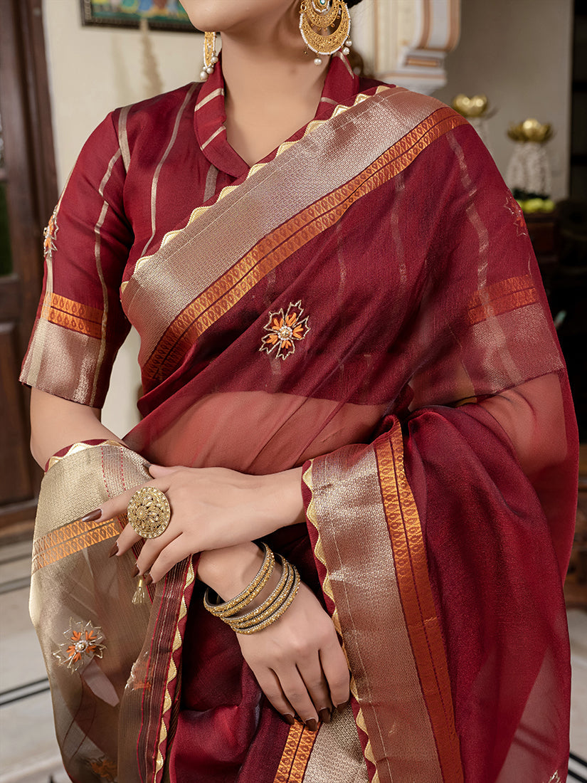Monjolika Fashion Maroon Color Cutdana Work Kota Linen Stylish Saree