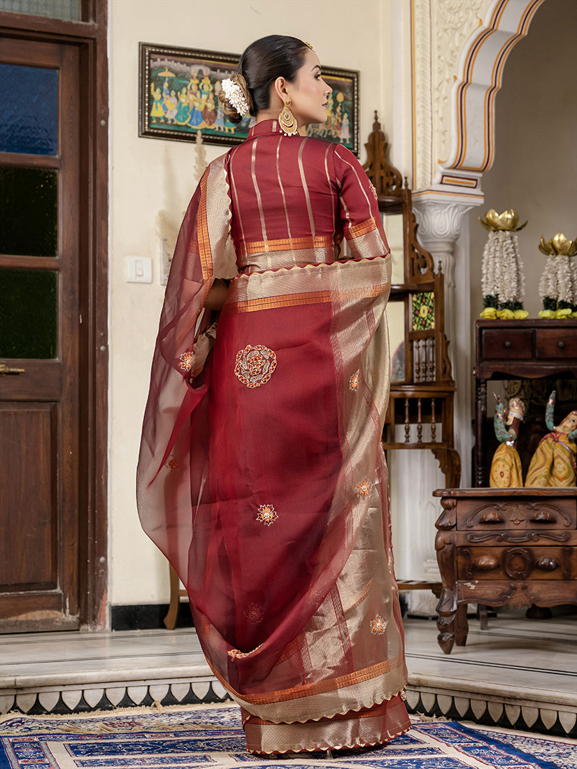 Monjolika Fashion Maroon Color Cutdana Work Kota Linen Stylish Saree