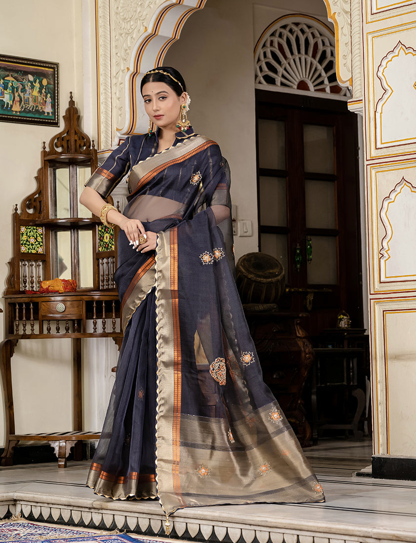 Monjolika Fashion Navy Blue Color Cutdana Work Kota Linen Stylish Saree