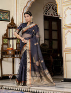 Monjolika Fashion Navy Blue Color Cutdana Work Kota Linen Stylish Saree