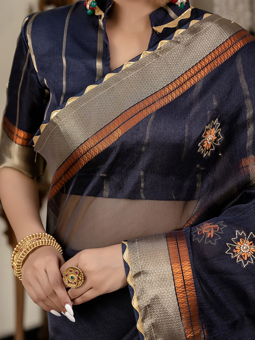 Monjolika Fashion Navy Blue Color Cutdana Work Kota Linen Stylish Saree
