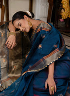Monjolika Fashion Teal Blue Color Cutdana Work Kota Linen Stylish Saree