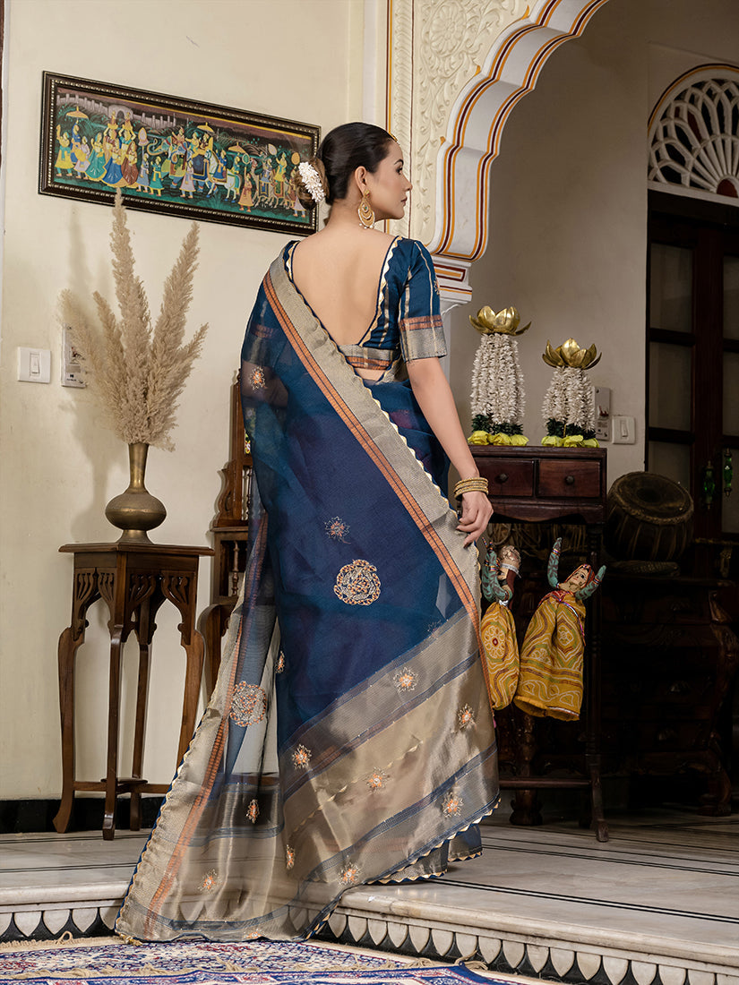 Monjolika Fashion Teal Blue Color Cutdana Work Kota Linen Stylish Saree