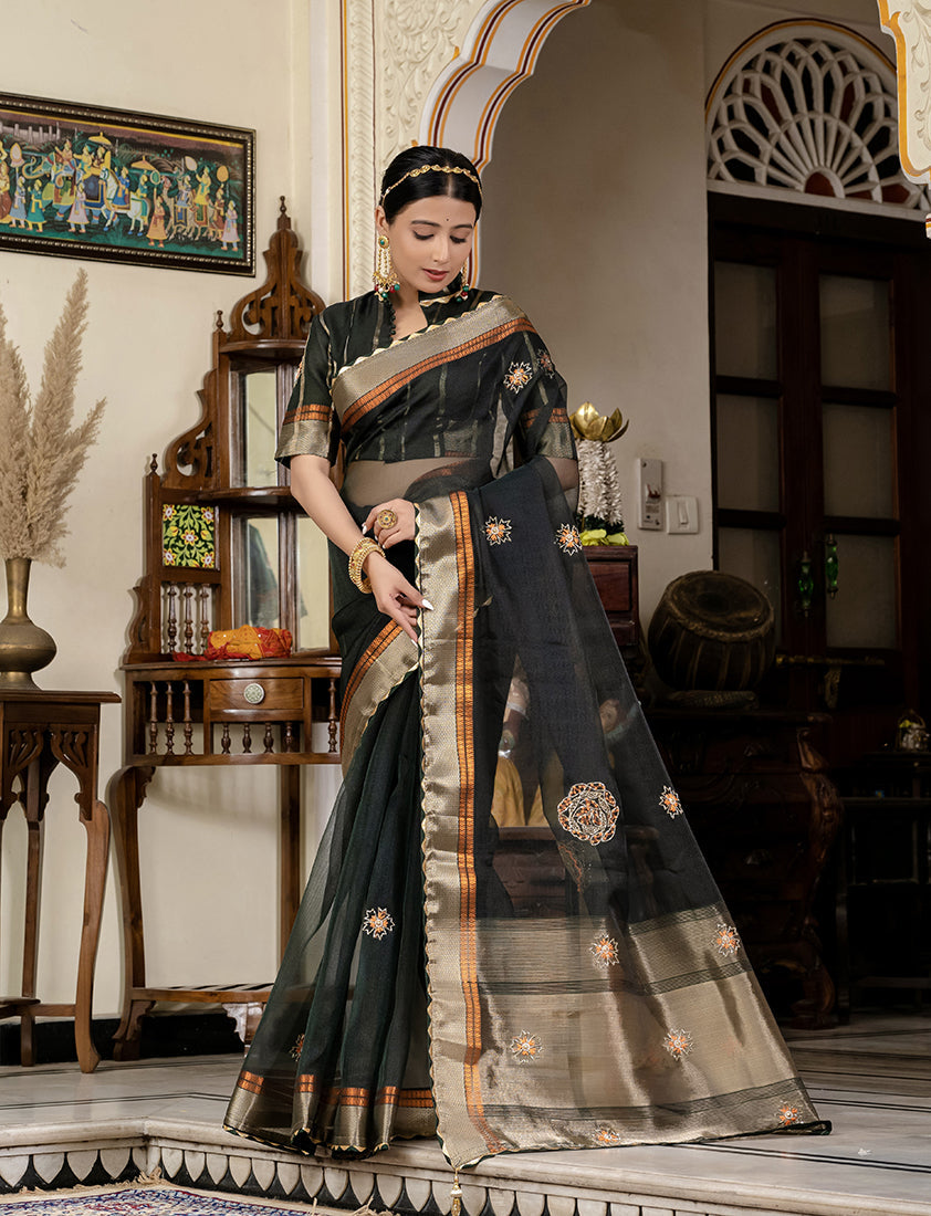 Monjolika Fashion Dark Green Color Cutdana Work Kota Linen Stylish Saree