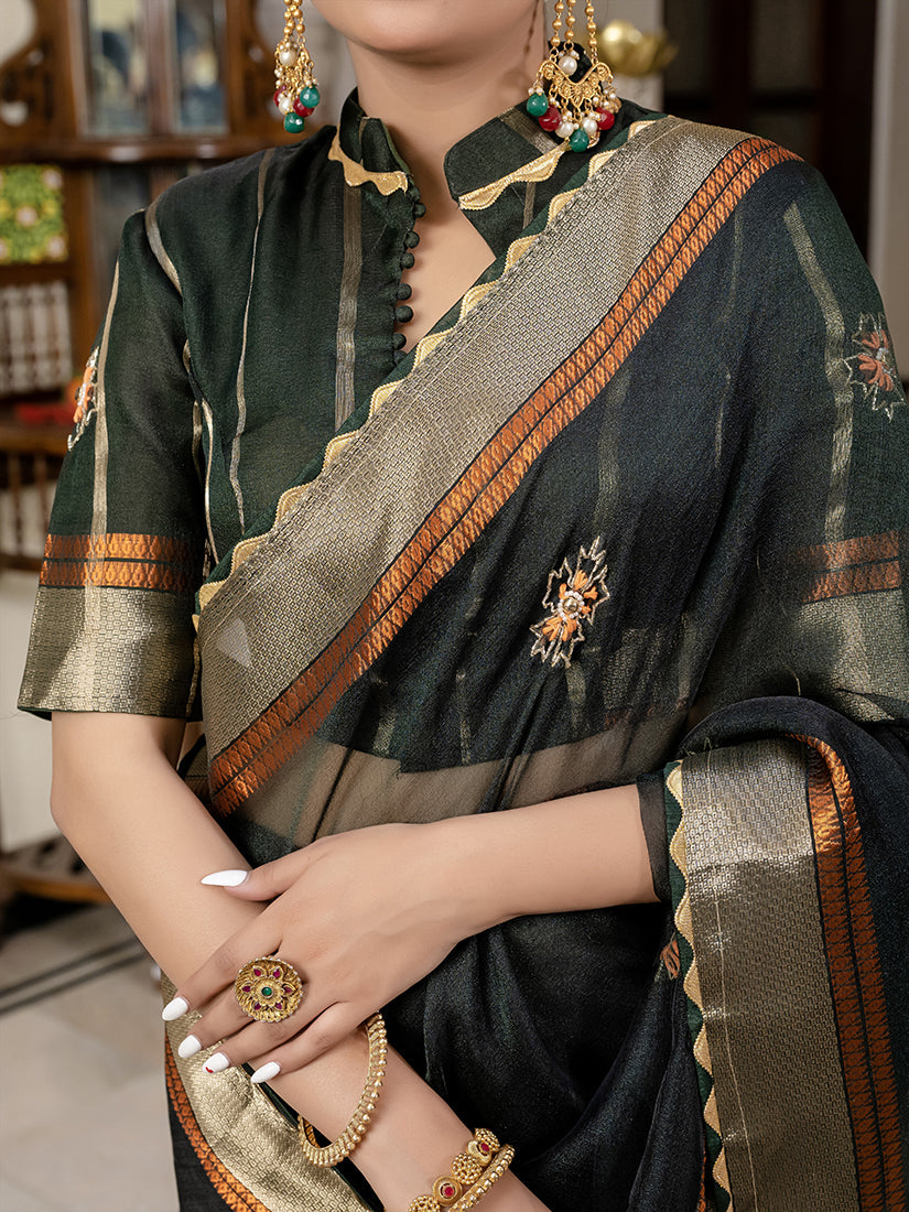 Monjolika Fashion Dark Green Color Cutdana Work Kota Linen Stylish Saree