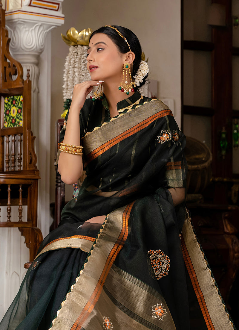 Monjolika Fashion Dark Green Color Cutdana Work Kota Linen Stylish Saree