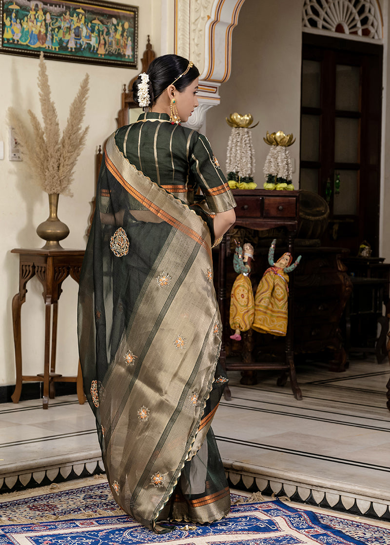 Monjolika Fashion Dark Green Color Cutdana Work Kota Linen Stylish Saree