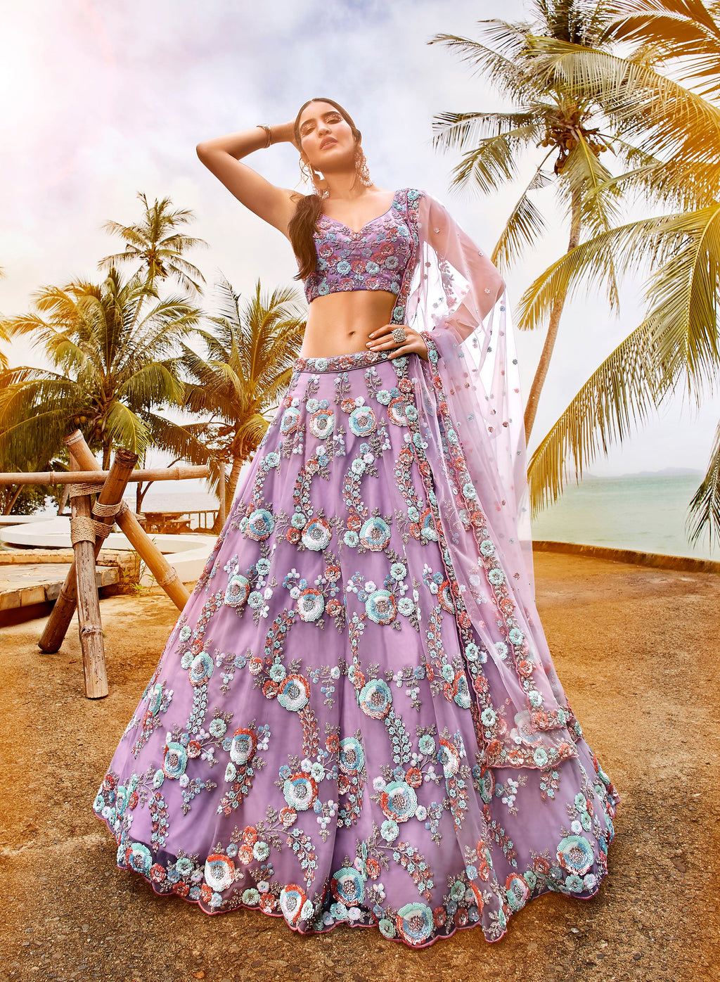 House of Panchhi Mauve Net Sequins & Zarkan Embroidery Lehenga Choli & Dupatta