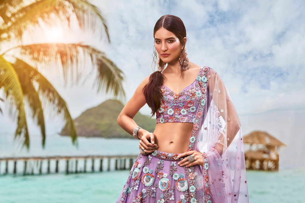 House of Panchhi Mauve Net Sequins & Zarkan Embroidery Lehenga Choli & Dupatta