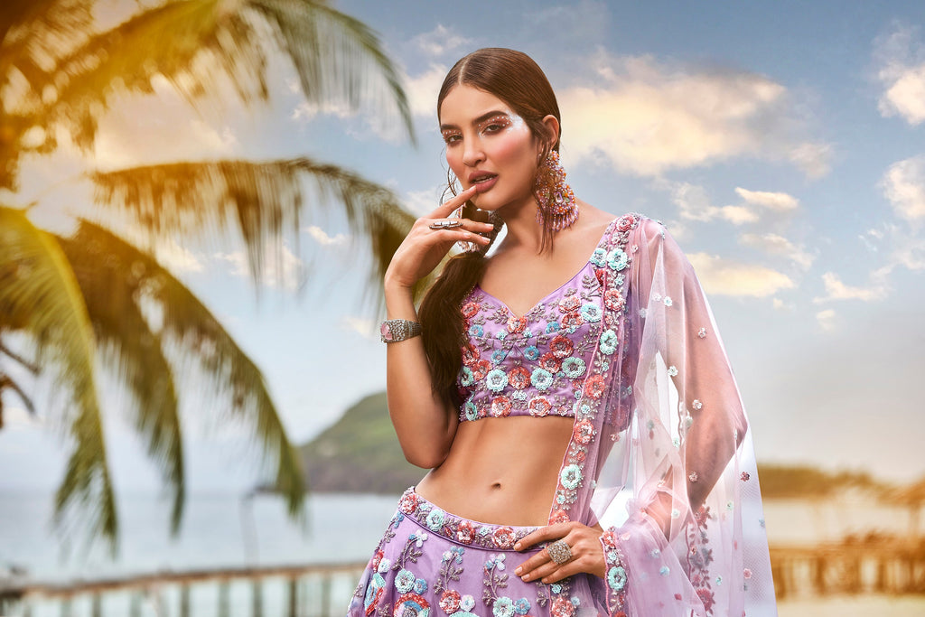 House of Panchhi Mauve Net Sequins & Zarkan Embroidery Lehenga Choli & Dupatta