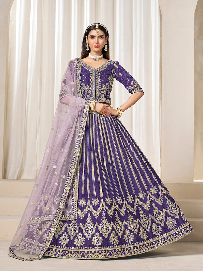 Monjolika Fashion Embroidered Purple Art Silk Designer Long Lehenga Choli
