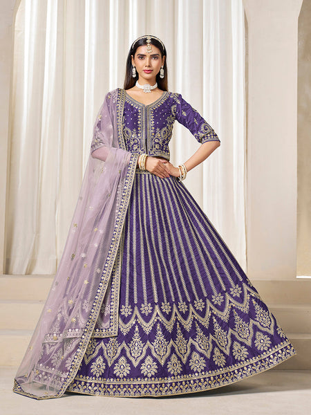 Monjolika Fashion Embroidered Purple Art Silk Designer Long Lehenga Choli